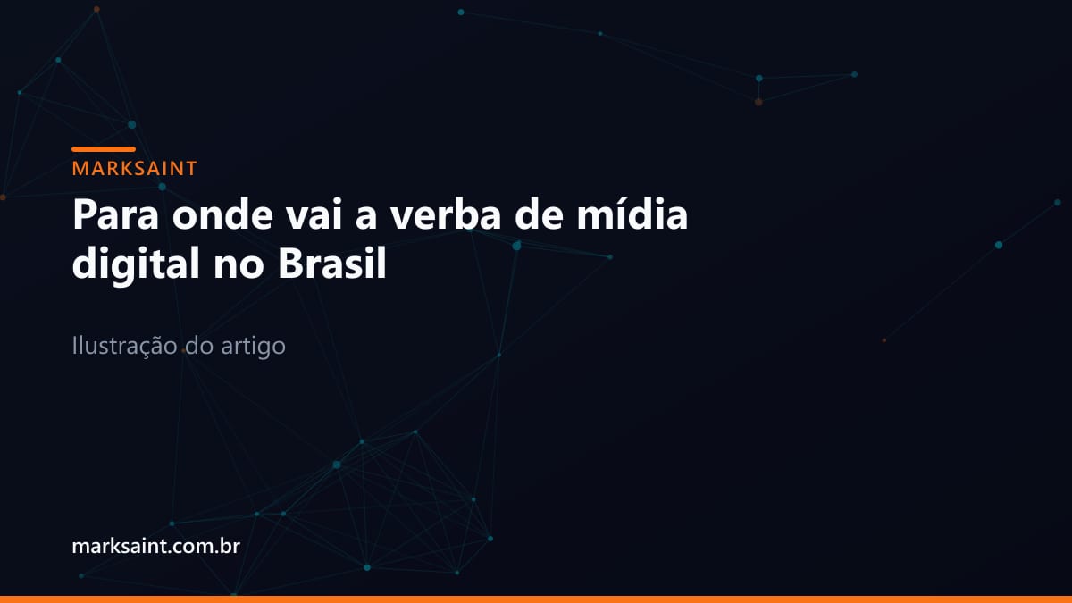 Painel futurista de métricas de publicidade digital e crescimento de mercado em tons de azul escuro e laranja