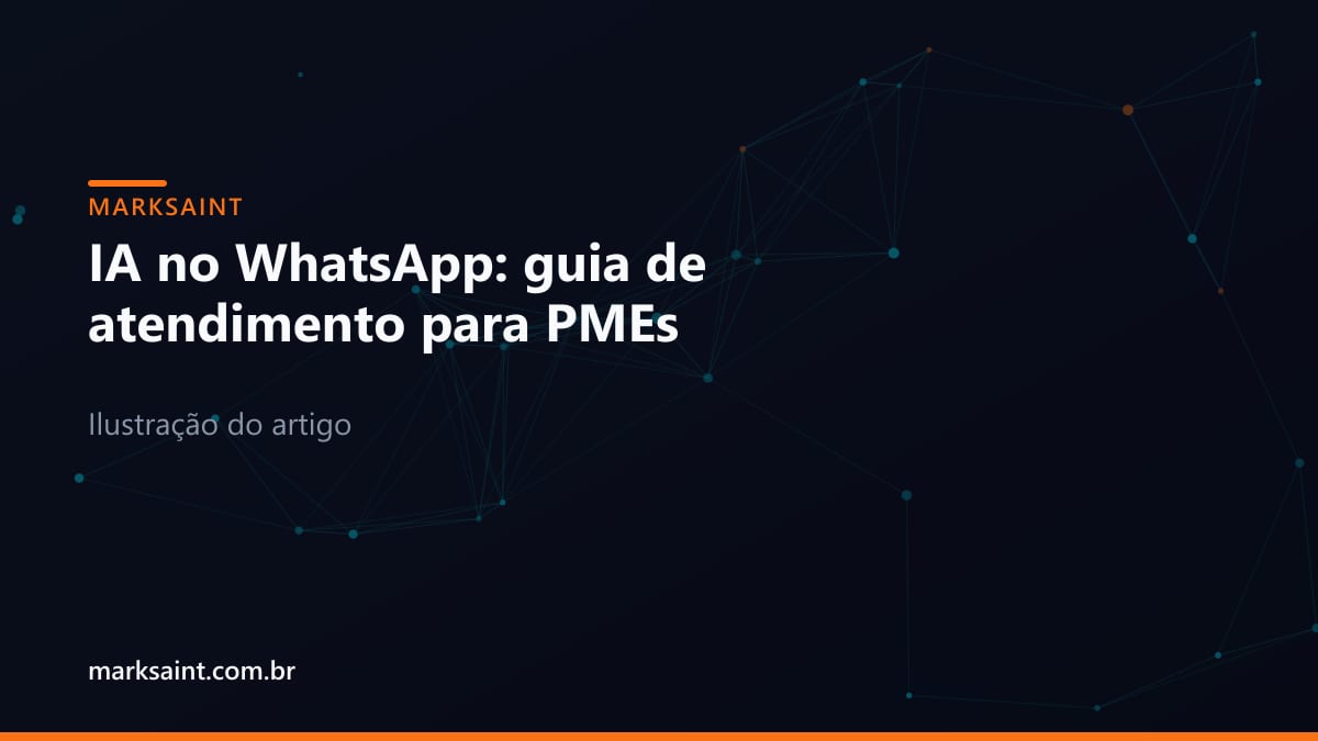 Diagrama conceitual minimalista em tons escuros e acento laranja representando fluxos de atendimento automatizado e inteligência artificial.
