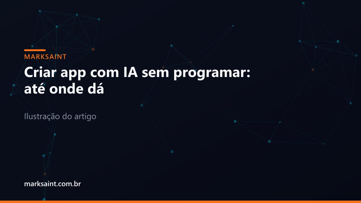 Gráfico minimalista corporativo mostrando painéis de controle e blocos de lógica no-code em tons de azul marinho e laranja