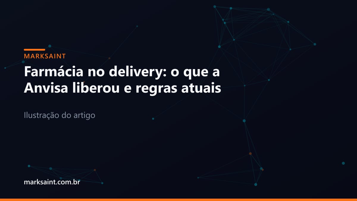 Gráfico conceitual de conformidade digital e entrega de farmácia com estética corporativa MarkSaint.
