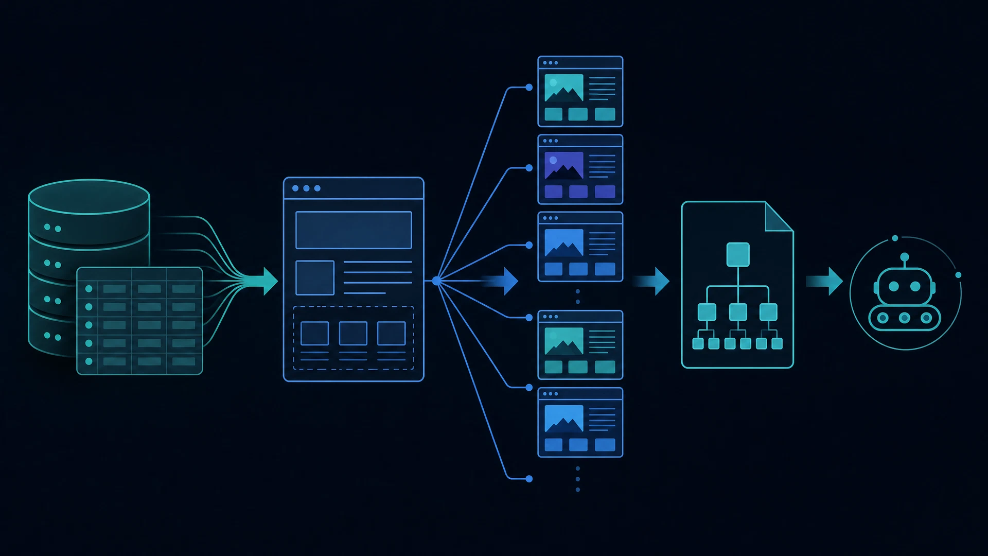 Infográfico da arquitetura de SEO programático: dados estruturados, template, páginas úteis, sitemap e crawler