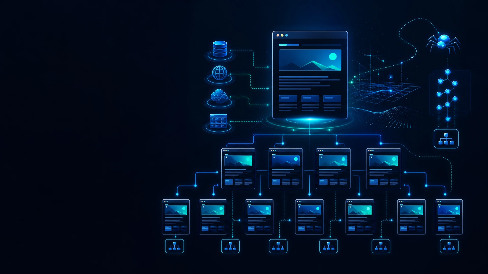 Ilustração editorial sobre SEO programático com páginas conectadas a dados estruturados e sitemap